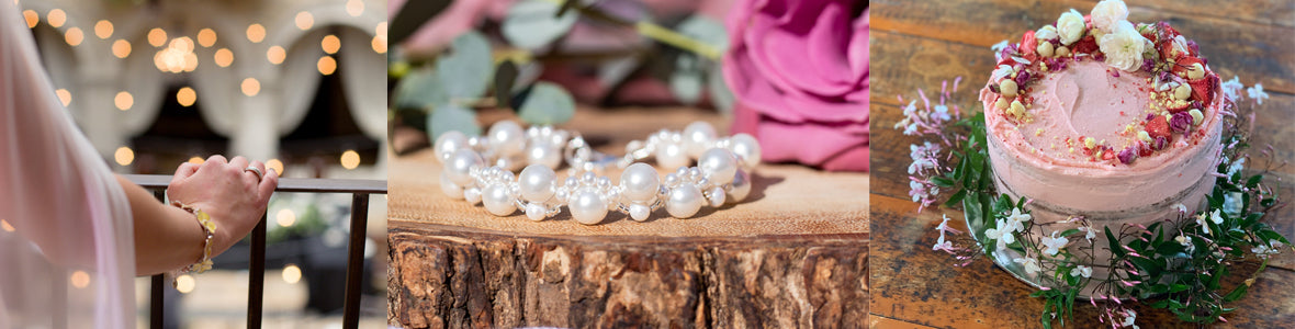 photo collage of wedding bracelet, a woman wearing bracelet and a cake