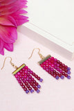 beaded fringe style earrings made from drops of beads with gold findings in pink and purple hand made by people with disabilities 