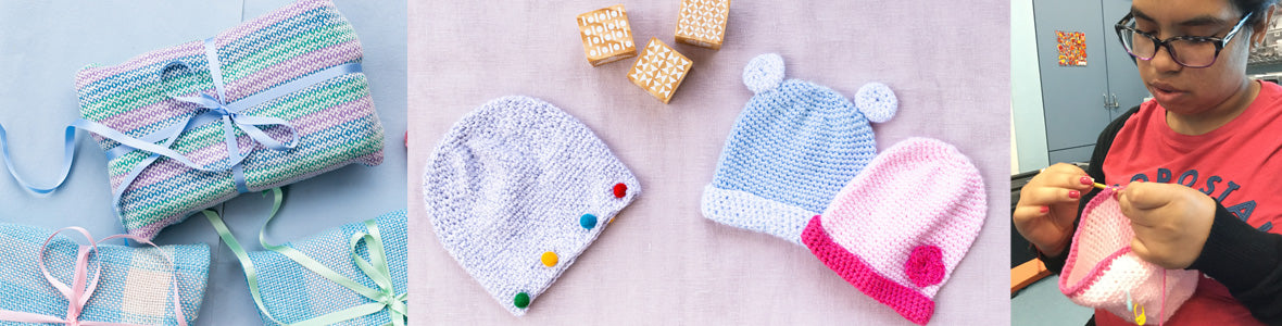 artisan knitting and display of hats and blankets
