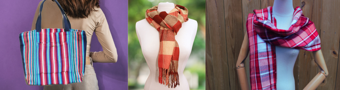 collage of tie dye scarf, artisans and purse