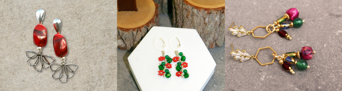 Collage of Artisan working on beaded earrings and a model wearing them.