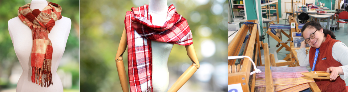 collage of scarves and artisan weaving one of them