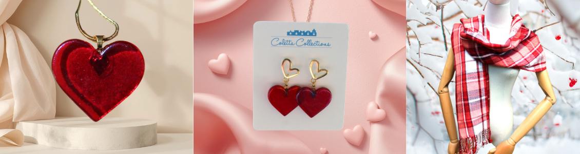 collage of three valentine products. heart jewelry and scarf