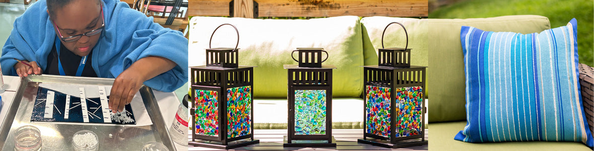 Photo collage of artisan and fused glass lanterns
