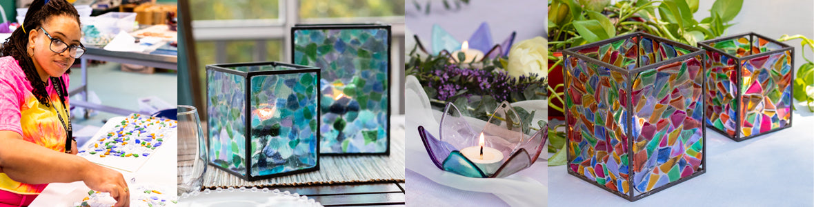 Photo collage of artisan and fused glass lanterns