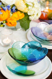 handmade Fused glass appetizer plate and bowl with a floral pattern in shades of blue and green made by people with disabilities 