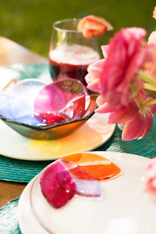 handmade fused glass appetizer plate and bowl in rainbow colors with a floral pattern handmade by people with disabilities