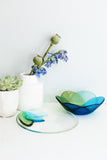 handmade Fused glass appetizer plate and bowl with a floral pattern in shades of blue and green made by people with disabilities 