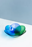 handmade Fused glass bowl in a floral pattern in shades of blue and green made by people with disabilities 